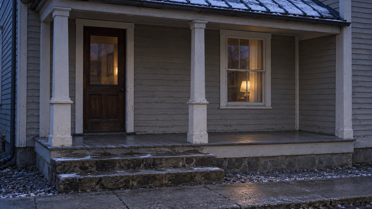 Weathered clapboard house with a snow-dusted metal roof and warm light glowing through a closed window.
