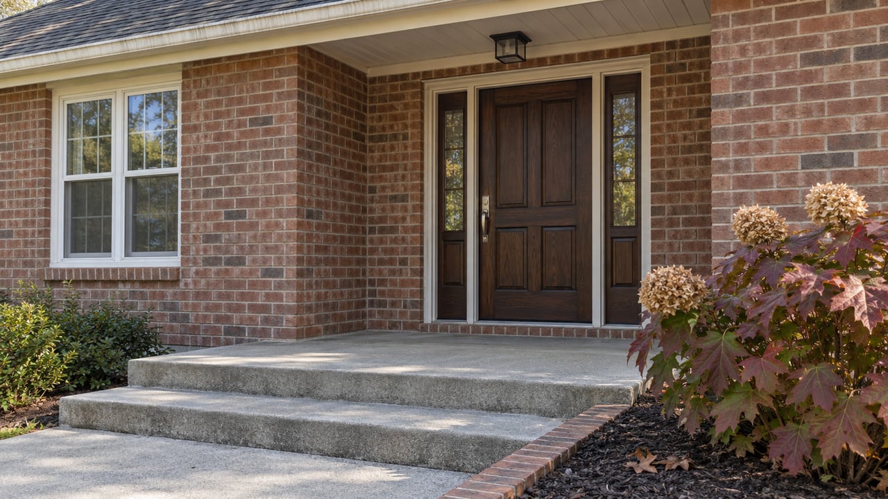 Autumn light on a brick home's covered entrance, wood door, concrete steps, and oakleaf hydrangea.
