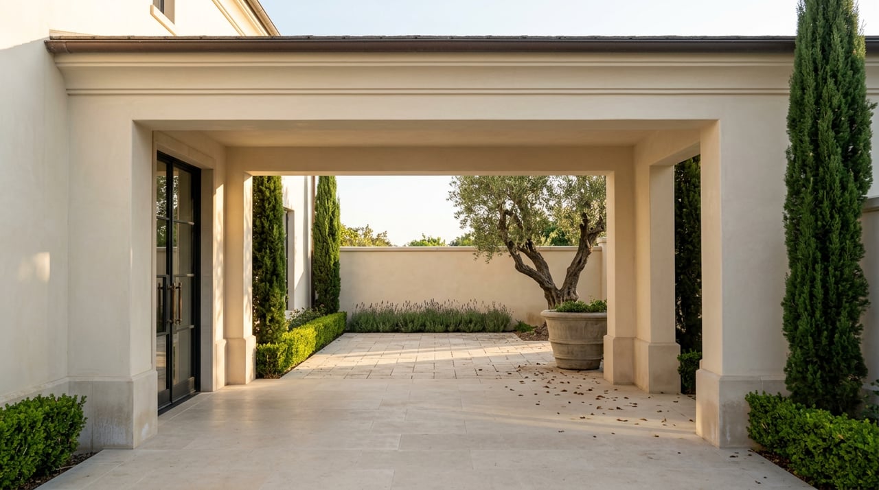 Cream stucco loggia frames a sunlit stone forecourt, olive tree in a planter, and tall cypress trees.
