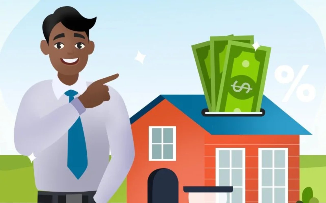Illustration of a man pointing to a house with cash and a percent symbol above it.