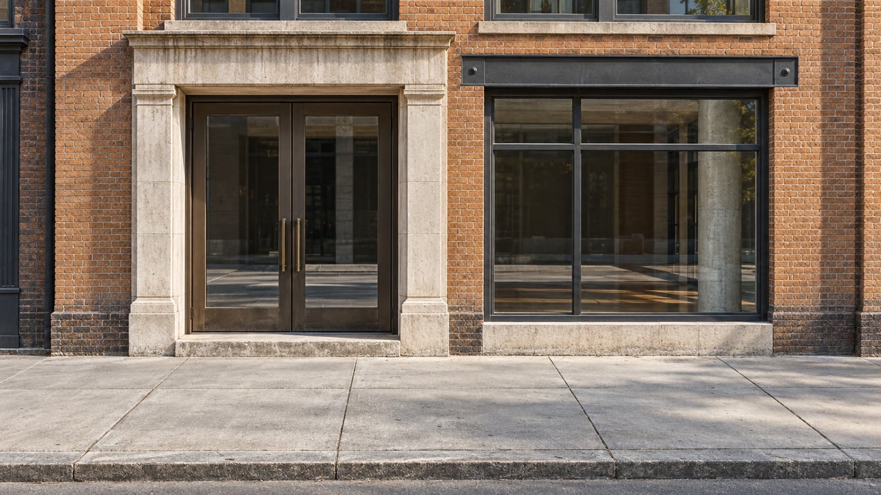 Bronze-framed double doors and industrial windows in a weathered brick loft facade above a broad concrete sidewalk.