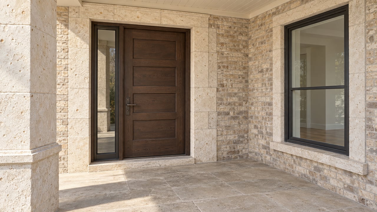 Close view of an oak front door, cream limestone surround and pale brick on a sunlit covered porch.