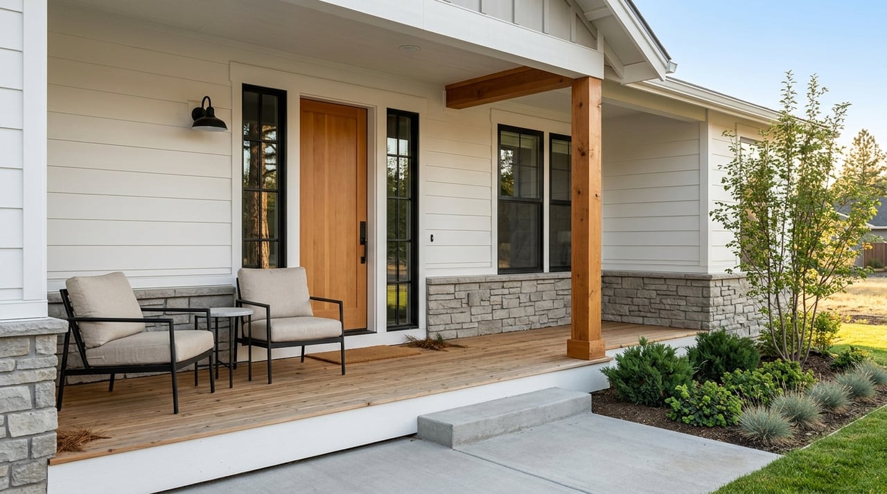 Modern-rustic porch vignette in daylight.