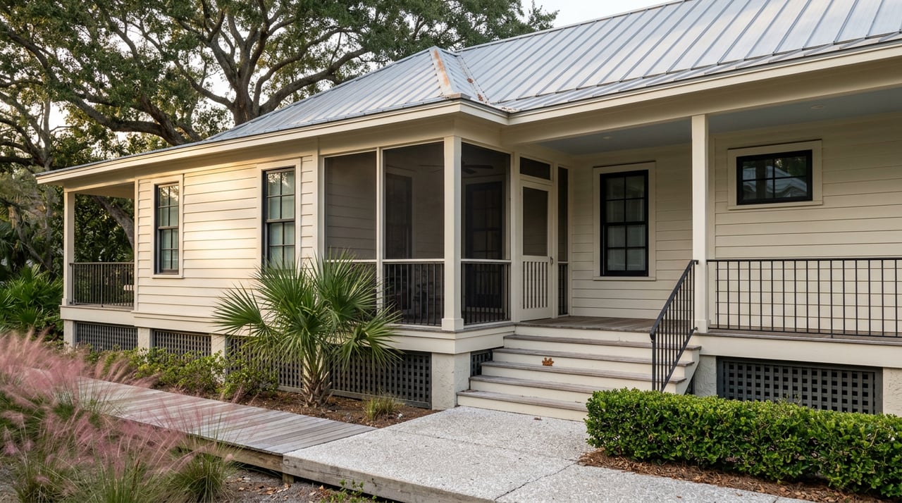 Raised coastal cottage with wraparound porch, black-framed windows, boardwalk, and an oak canopy.