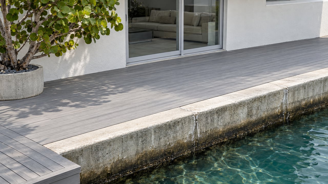 Close architectural view of a white waterfront home's glazed doors, gray terrace boards and concrete seawall above blue-green water.