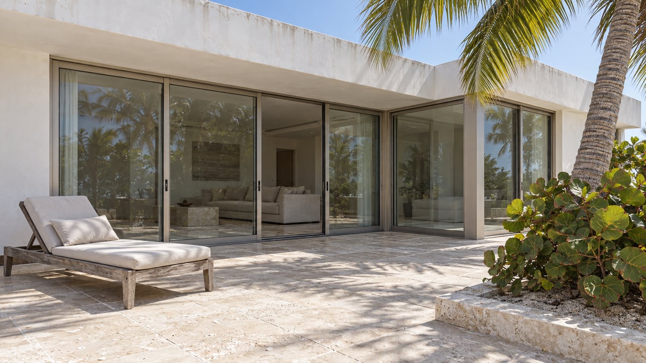 Sunlit limestone terrace beside a white coastal home with sliding glass doors, a teak lounge, and a curved coconut palm.
