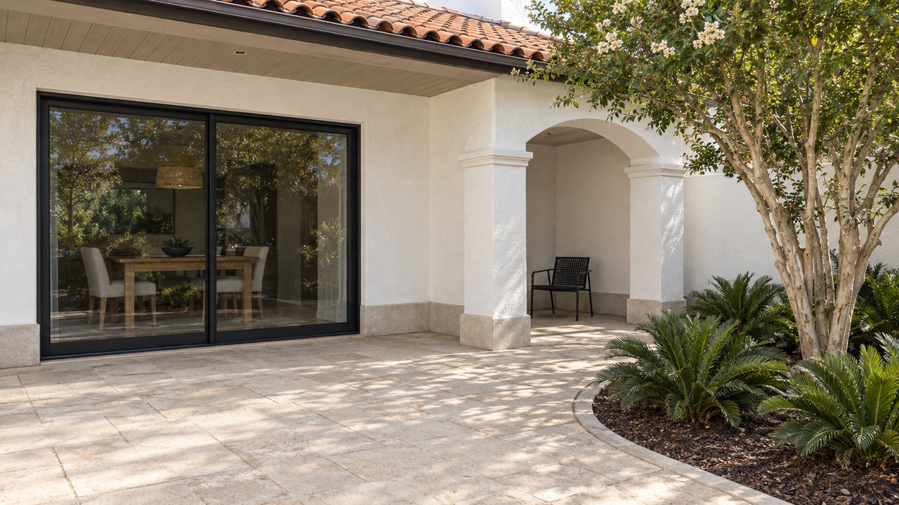 White stucco home with a terracotta roof, shaded rear patio, closed glass doors and a planted courtyard bed.