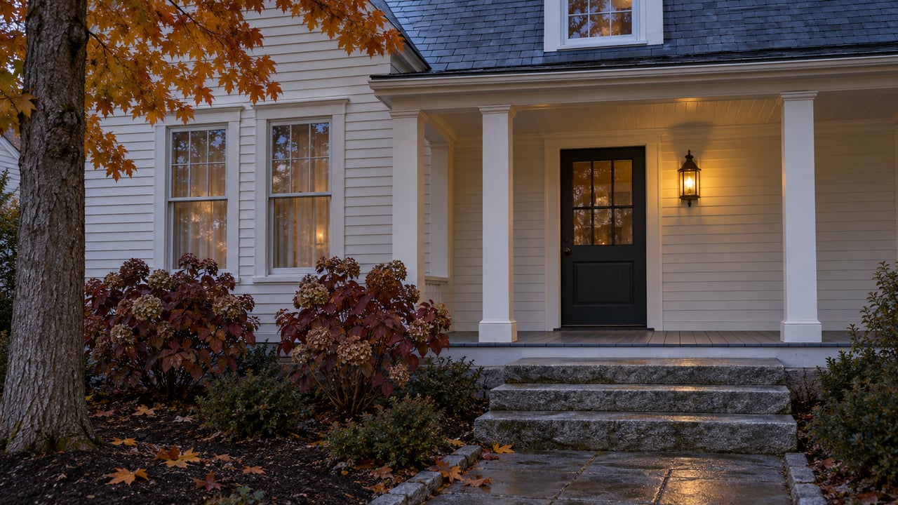 Historic clapboard house at dusk with a glowing porch lantern, granite steps and autumn planting.