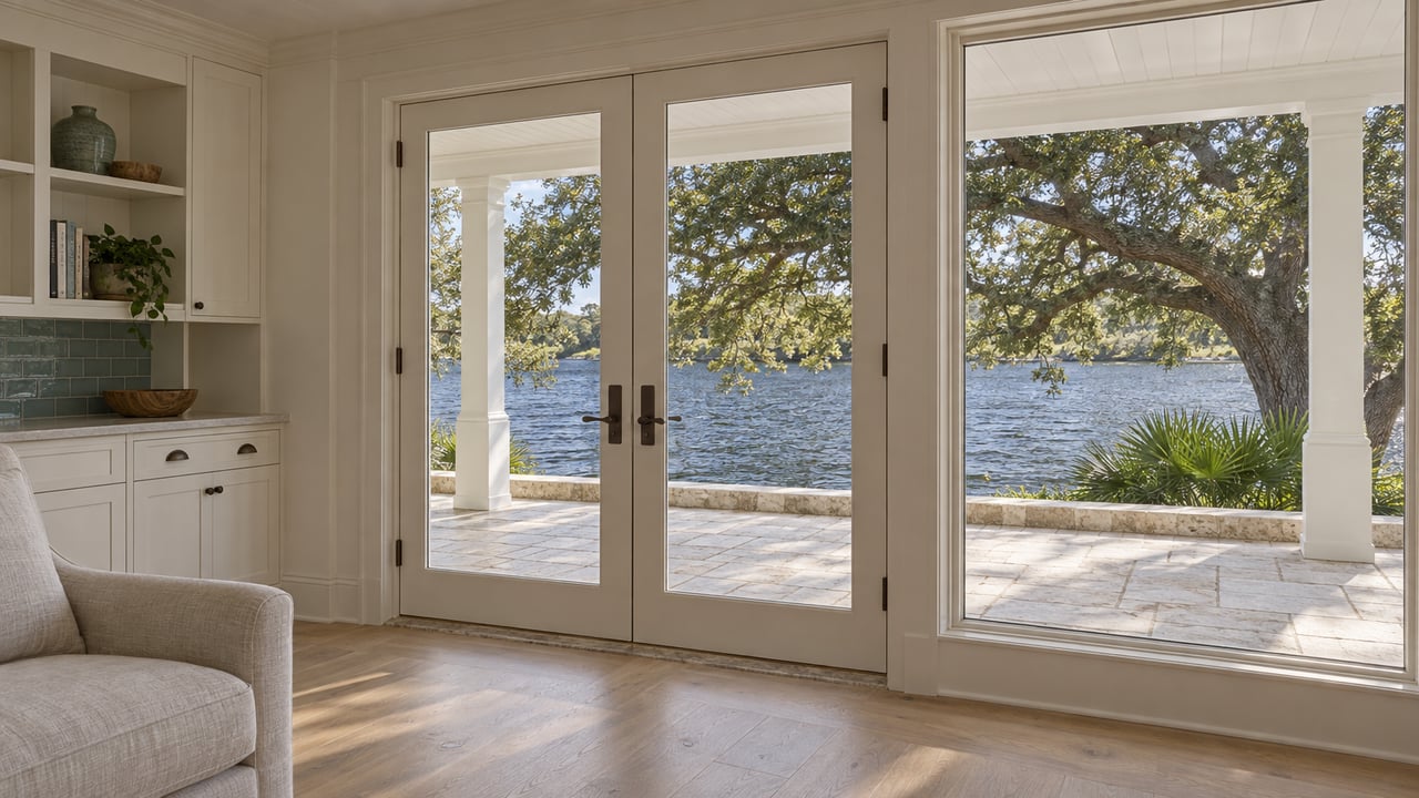 River-facing family room with glazed French doors opening onto a limestone porch beneath an oak canopy.