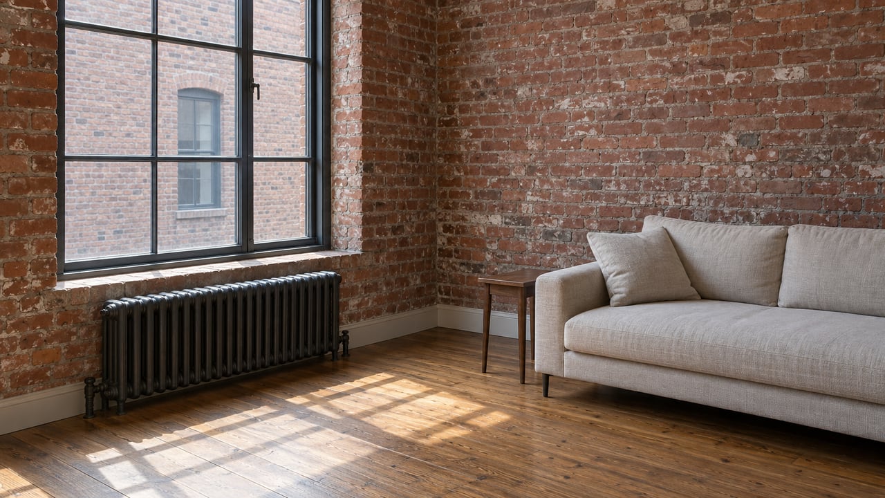 Converted loft living room with a steel-mullioned window, exposed brick, oak floors, and a cast-iron radiator.