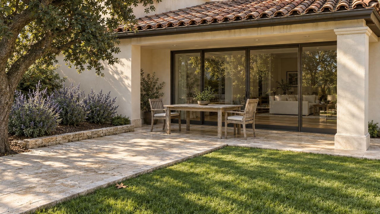 Morning light falls across a cream stucco home’s covered limestone patio, teak seating, and oak-shaded lawn.