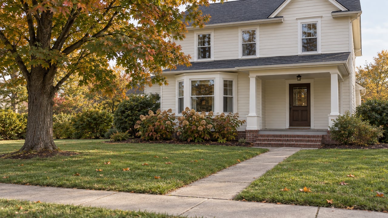 Ivory clapboard home with a covered porch, deep front lawn and mature maple showing early autumn color, viewed from the sidewalk.