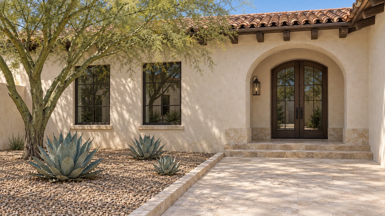 Cream-stucco estate entry with clay roof tiles, limestone paving, a green-trunked tree and three sculptural agaves.
