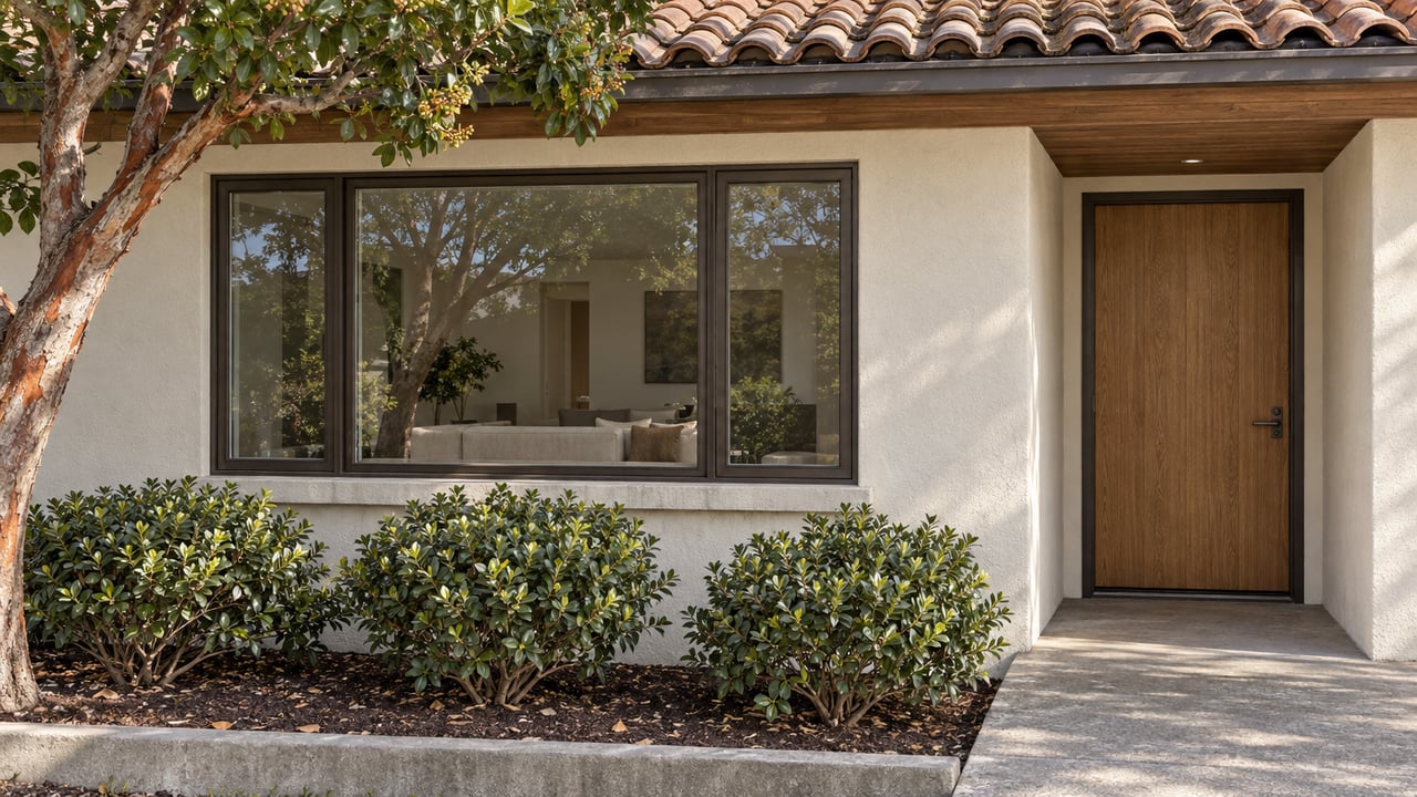 Cream stucco home with a clay tile roof, cedar eaves, bronze-framed windows and a recessed oak entry beside a planted concrete approach.