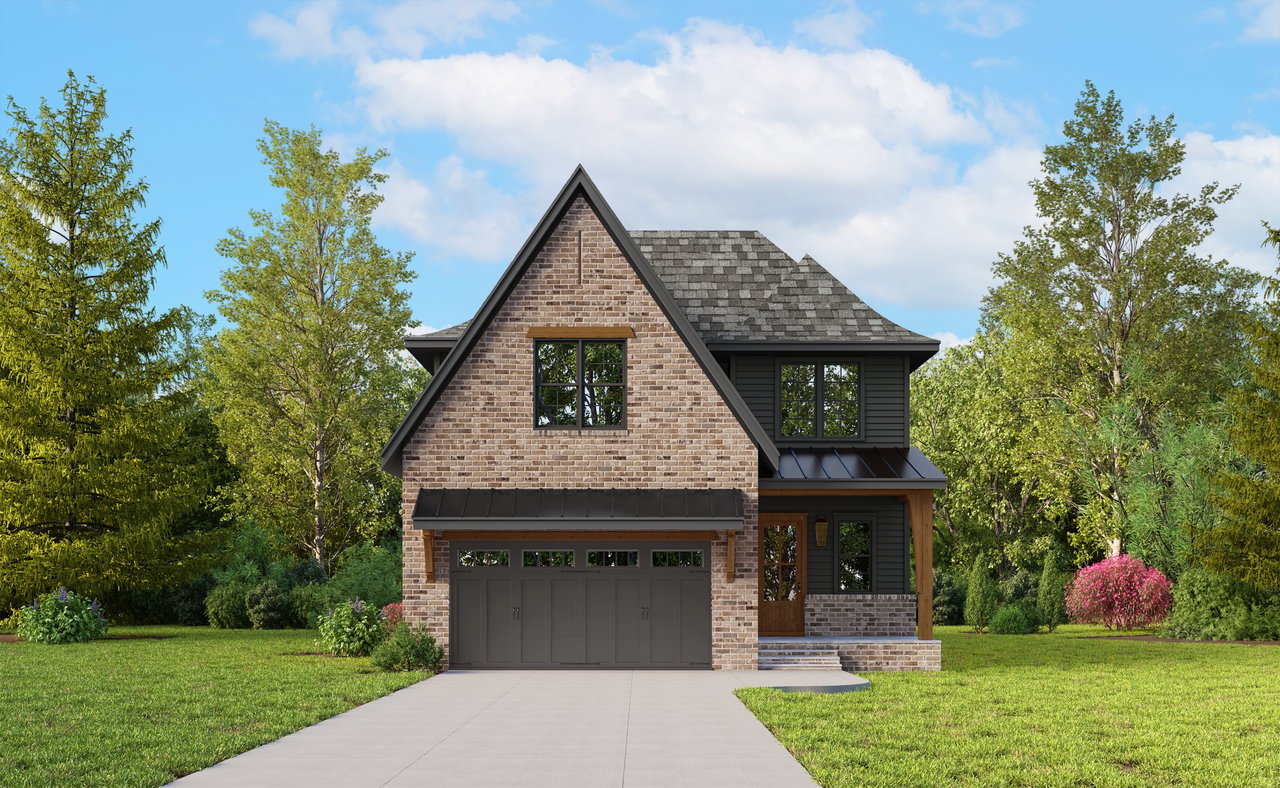 Front exterior rendering of 702 Edmund Street with brick and dark siding, a two-car garage, and a covered entry with wood accents.