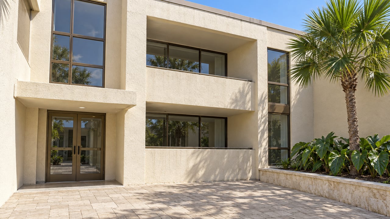 Ivory stucco condominium facade with recessed balconies, bronze-framed glazing and a limestone planter beside a paved shared courtyard.