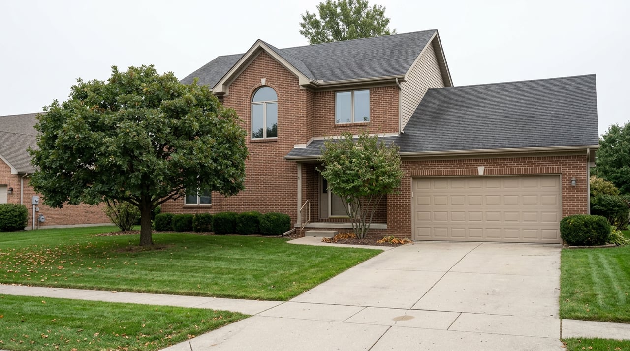 Two-story brick-and-tan house with an attached garage, broad lawn, driveway, and mature oak.