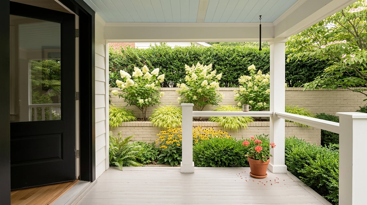 Covered porch frames a garden of creamy hydrangeas, yellow flowers, and a terracotta pot of coral blooms.
