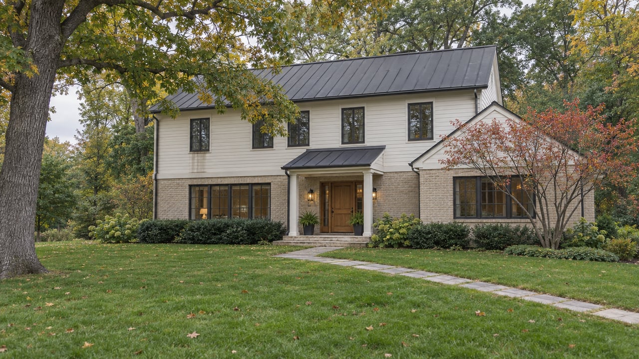 Two-story off-white clapboard and buff-brick house beyond lawn, with stone path and autumn trees.