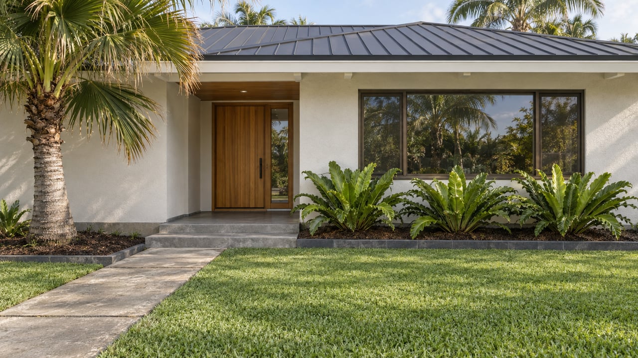 Low white home with a sheltered timber entrance, dark roof, fan palm and fern planting beyond a deep green lawn.