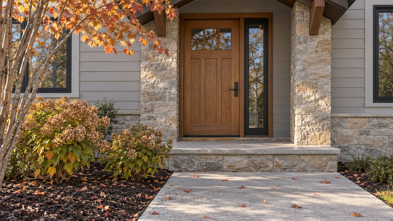 Oak entry door beneath a gabled porch, with limestone steps, copper-orange leaves, and tawny hydrangea blooms.