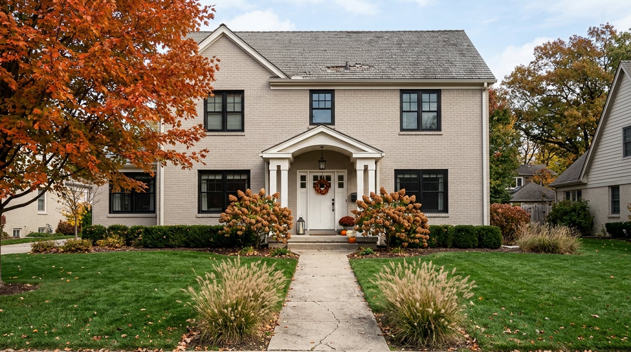 Gray-tan brick home with black-framed windows, a concrete walkway, and an orange-red maple beside the lawn.