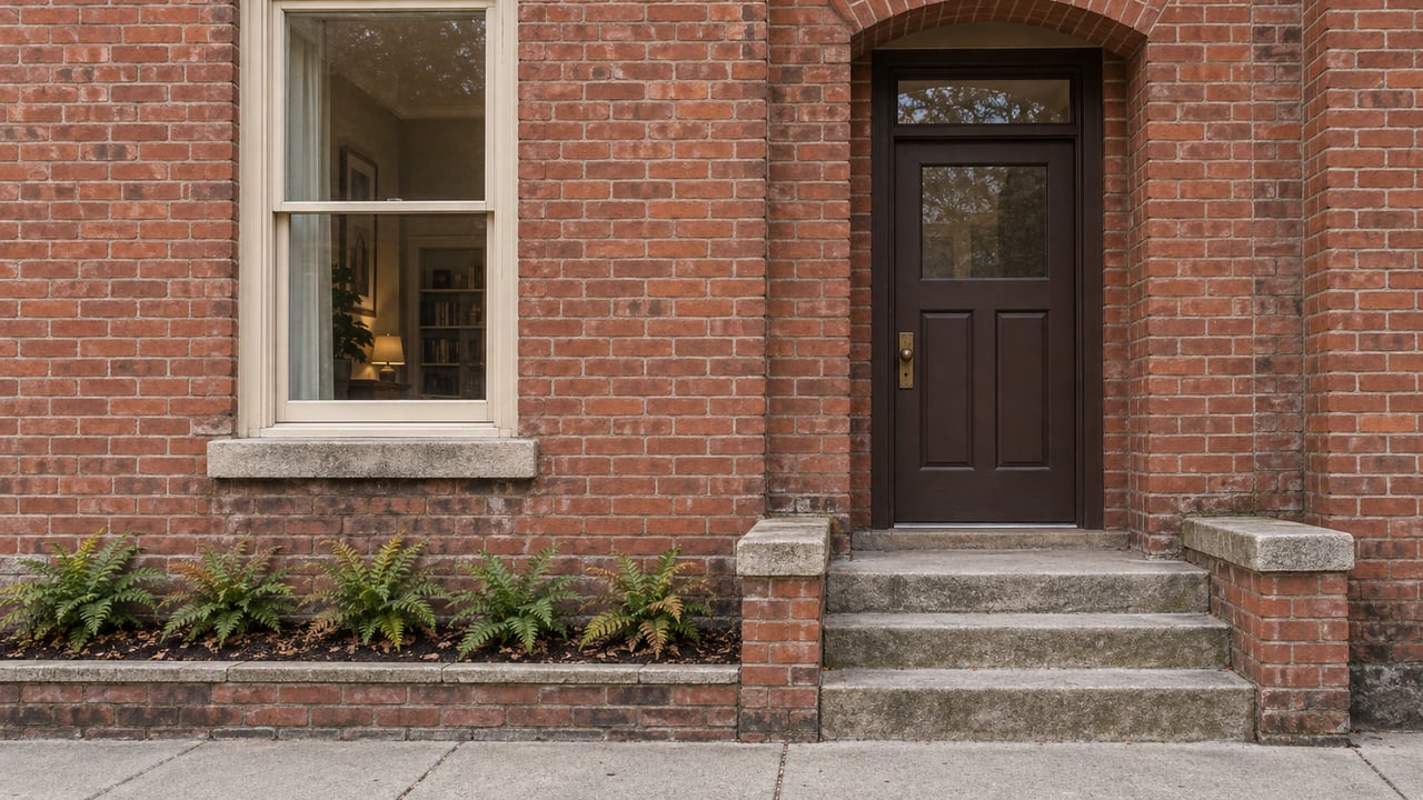 Weathered red-brick home with an arched timber doorway, limestone stoop, cream sash window and five ferns in a brick-edged bed.