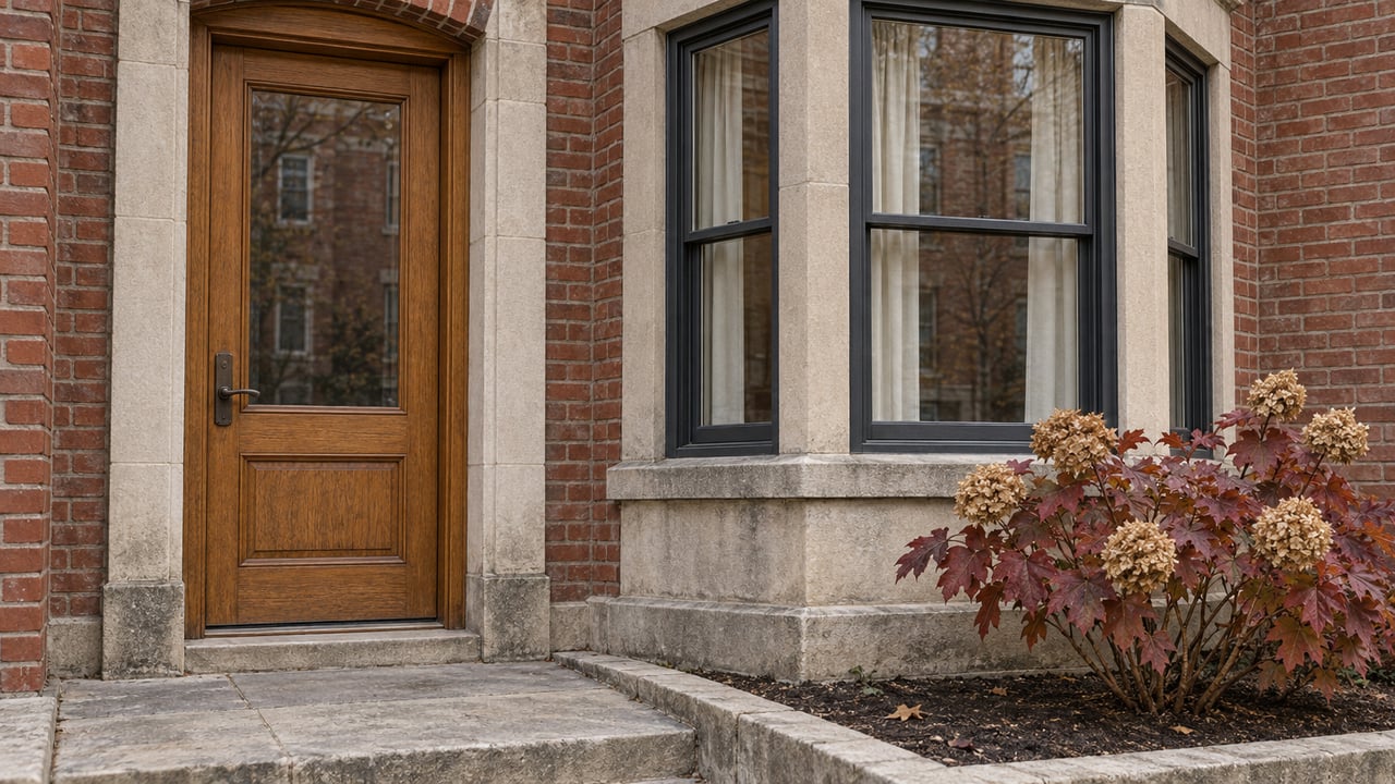 Closed oak-and-glass entry beside a charcoal-framed bay window in red brick, with worn limestone and burgundy oakleaf hydrangea.