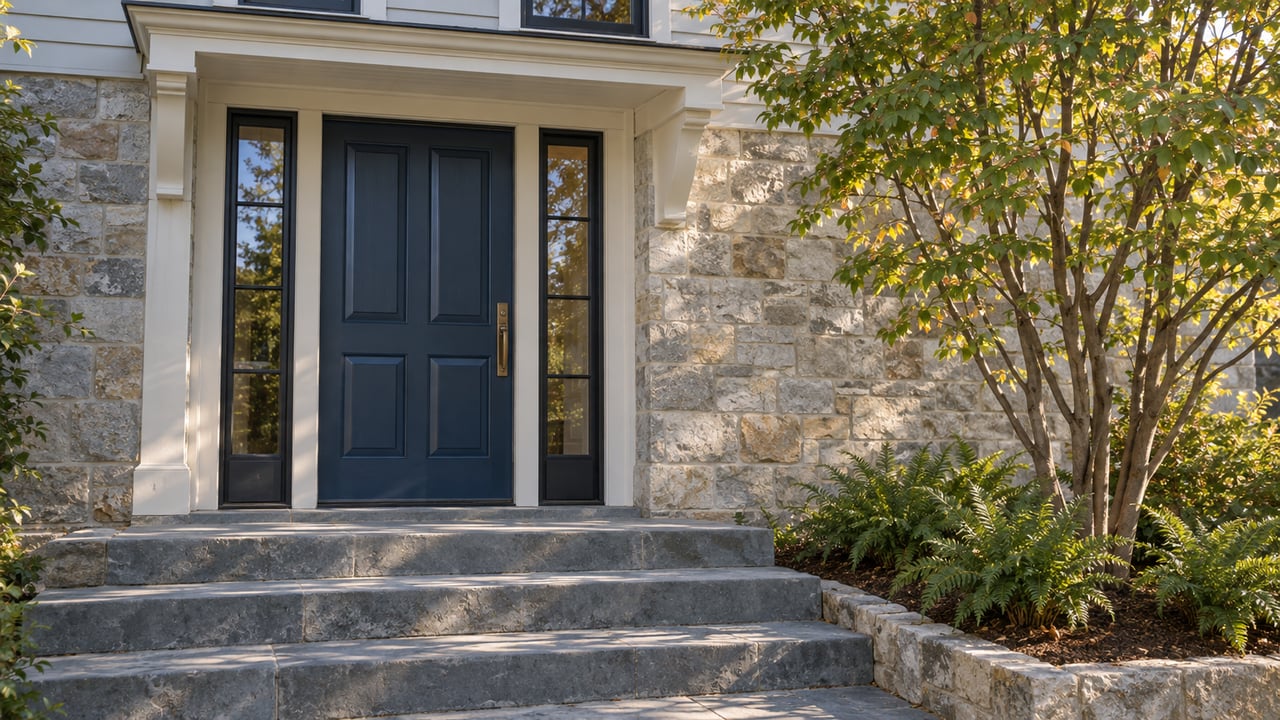 Navy paneled front door framed by pale stone, with bluestone steps and a small bed of ferns and serviceberry.