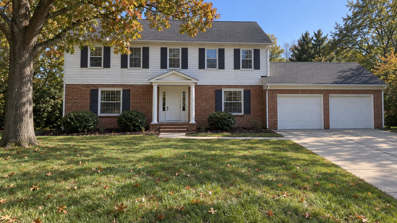 Two-story brick-and-siding house with black shutters, a double garage, and autumn leaves.