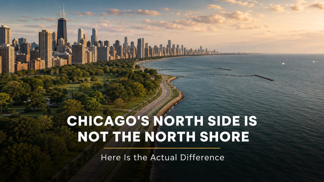Map showing Chicago North Side neighborhoods and North Shore suburbs along Lake Michigan