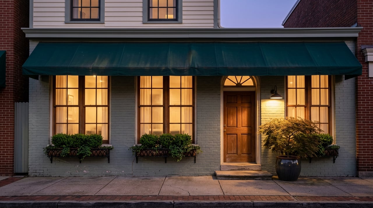 Two-story storefront with green awning, glowing windows, potted maple, and warm entry light beneath an indigo dusk sky.