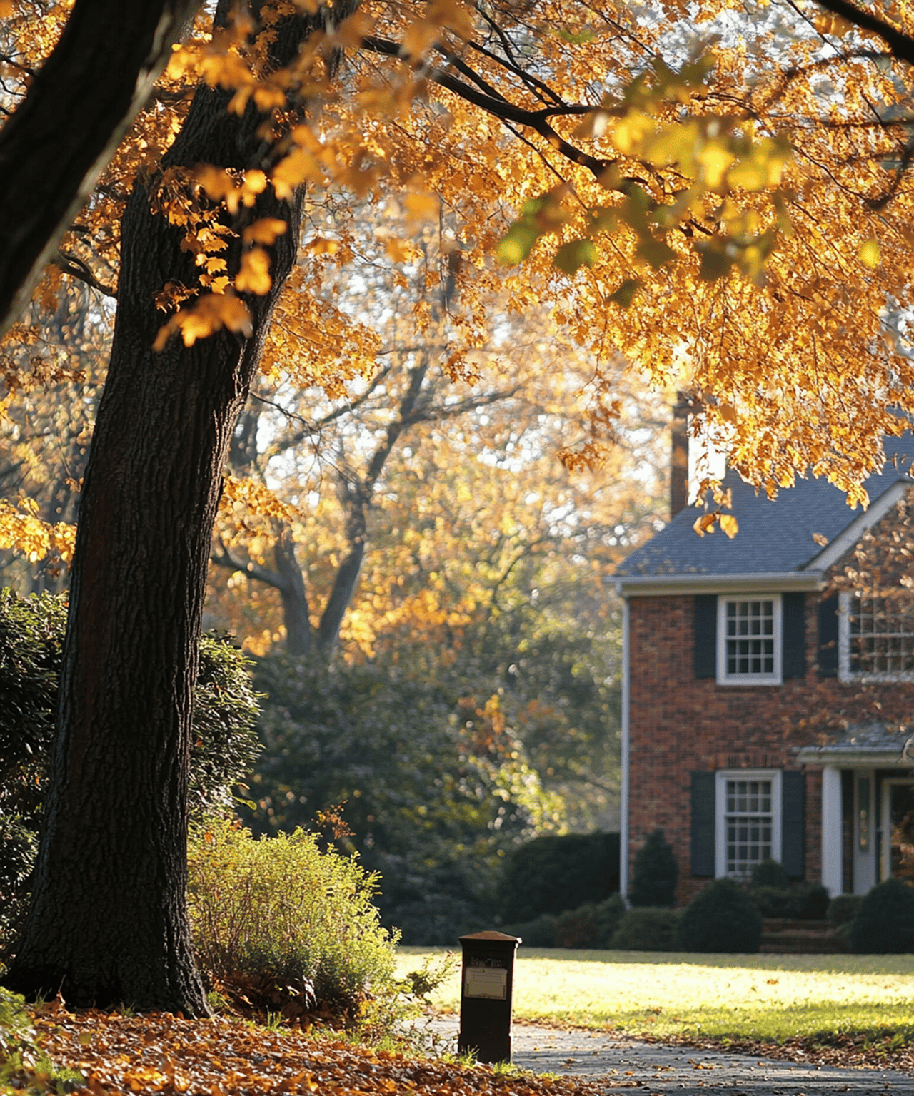 Brick house partly framed by a large tree with golden autumn leaves and a driveway mailbox.