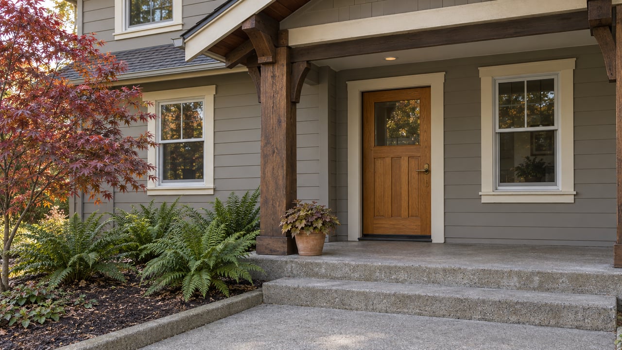 House entrance with a wooden door, timber porch posts, concrete steps, and red autumn foliage.