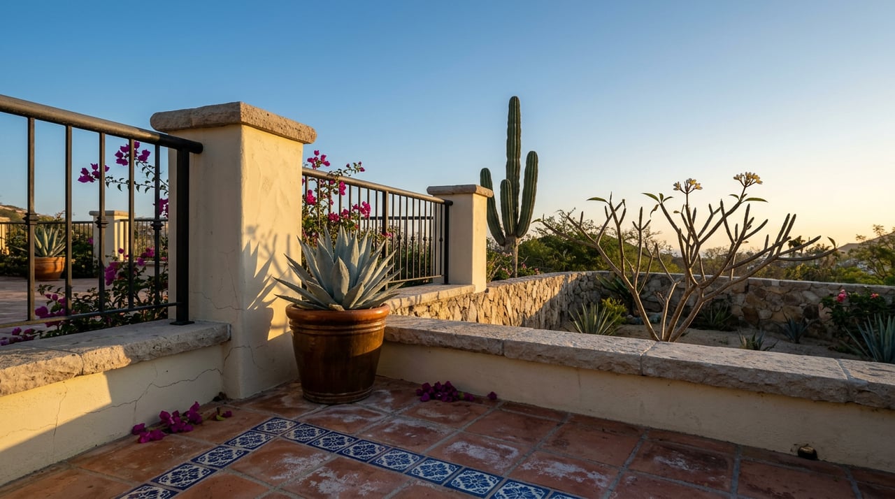 Terracotta villa terrace with a stucco column, blue-and-white tile, agave, and a cardón cactus beyond the iron rail.