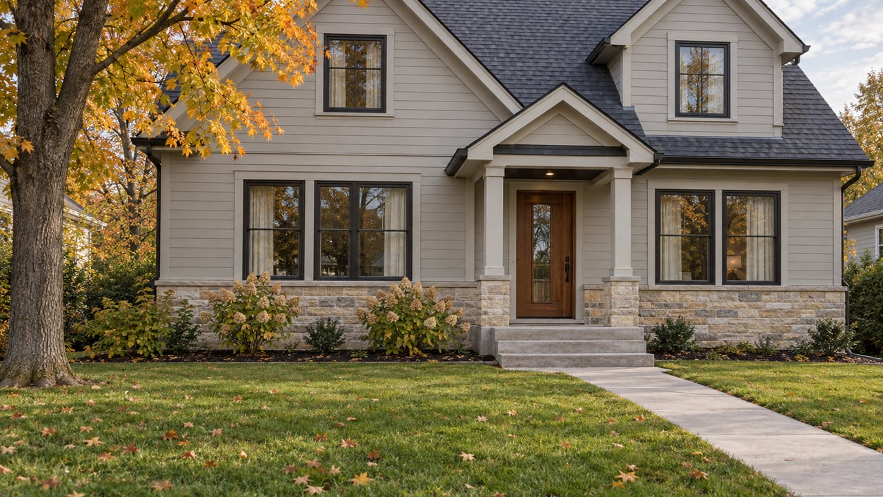 Light-gray gabled home with limestone foundation, oak entry door, and an autumn maple beside a deep front lawn.