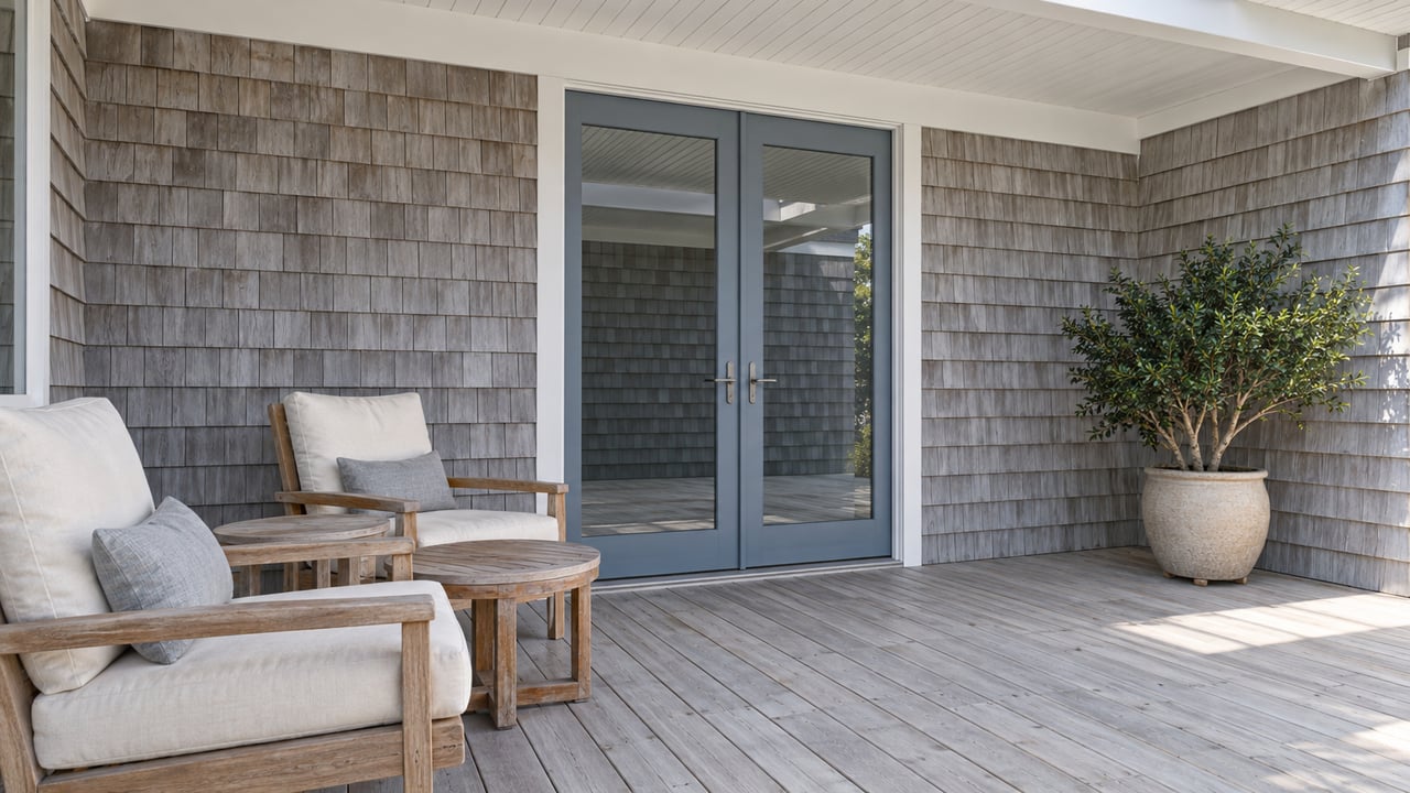 Covered upper deck with weathered cedar shingles, paired glass doors, teak lounge chairs and a potted yaupon holly.