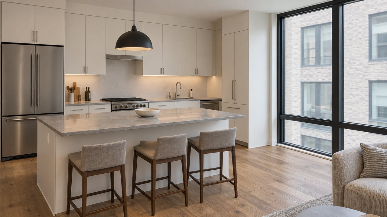 Compact condominium kitchen with white cabinets, a gray quartz island, and a black-framed window facing a brick wall.