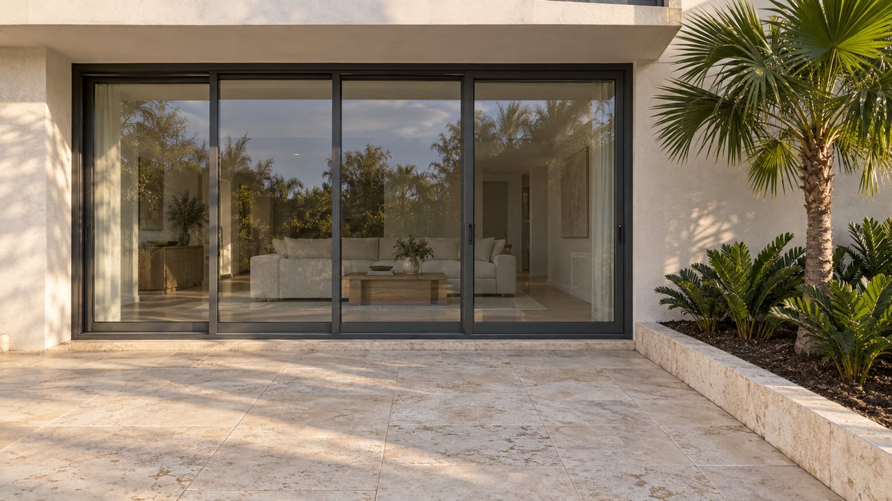 Sunlit limestone terrace outside a glass-fronted condominium, with white stucco, a fan palm and a softly furnished living room behind closed doors.