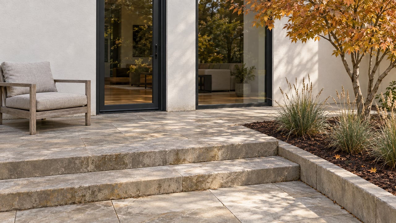 Autumn light on sandstone terrace steps beside a contemporary stucco home, with dark-framed glazing, a teak chair, and an amber-leaved maple.