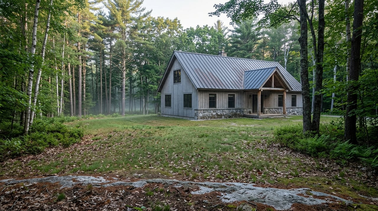 Timber-frame lodge set beyond a rough grassy clearing, framed by dense pine, birch, and maple woods.