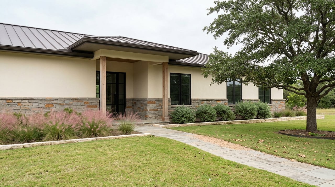 Hill Country home with a stone-and-stucco facade, curving path, live oak, and pink-plumed grasses.