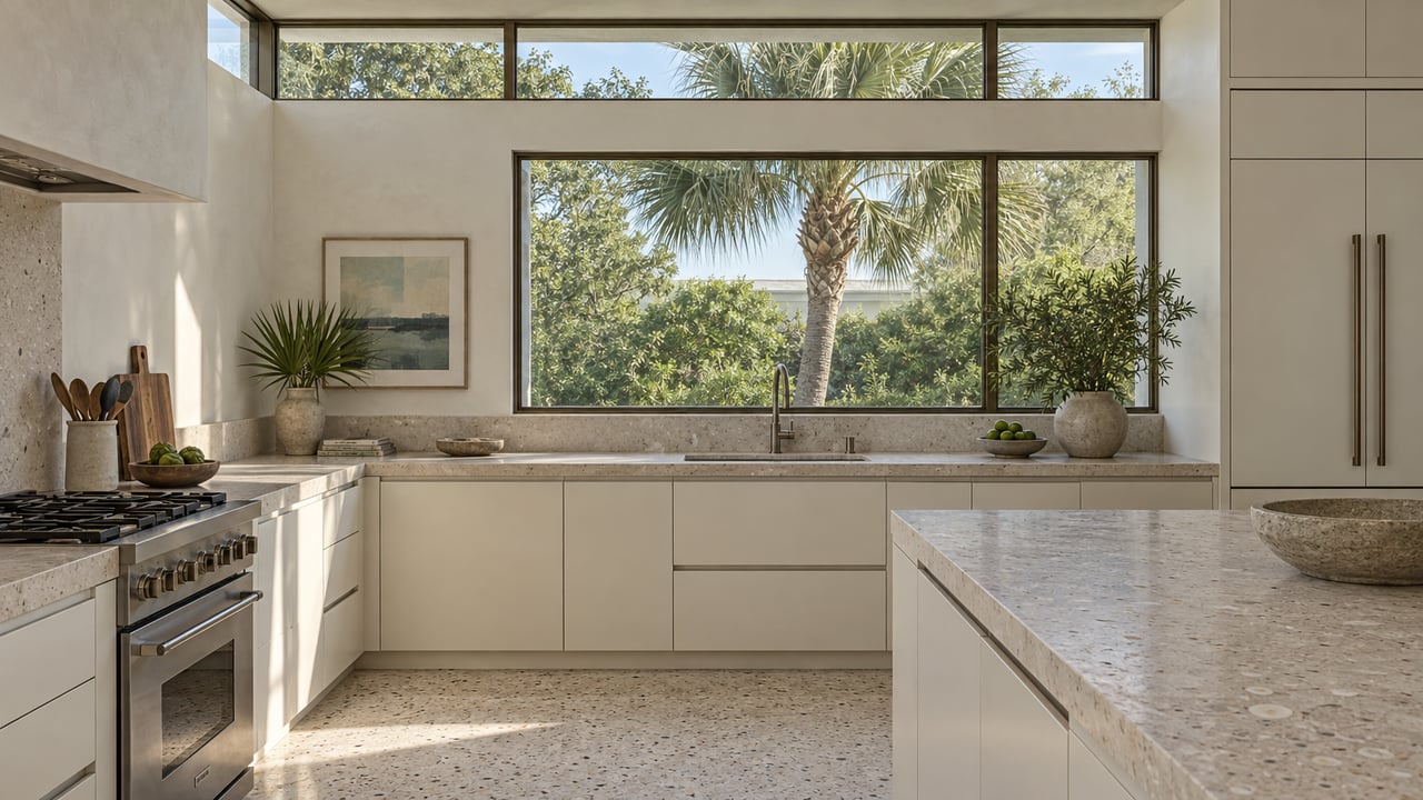 Coastal kitchen with pale-cream cabinets, shell-flecked limestone counters, and a bronze-framed window overlooking a palmetto.