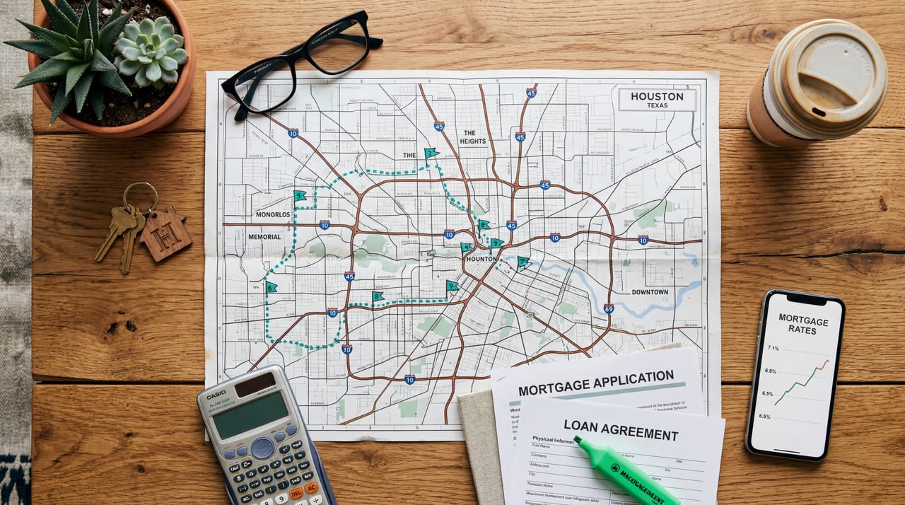 Houston map with a numbered route, house keys, calculator, and mortgage application showing the home buying process