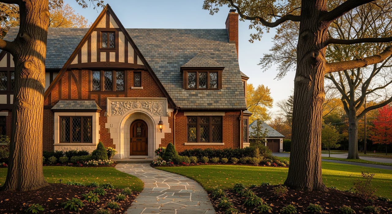 Tudor-style brick house with a steep roof and arched stone doorway, framed by large trees.