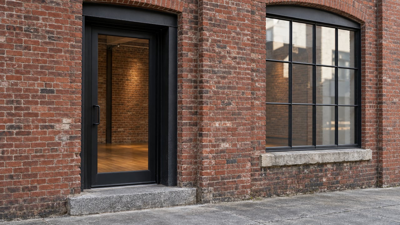 Recessed steel-framed glass entrance and tall multipane window set in a weathered red-brick mill facade.