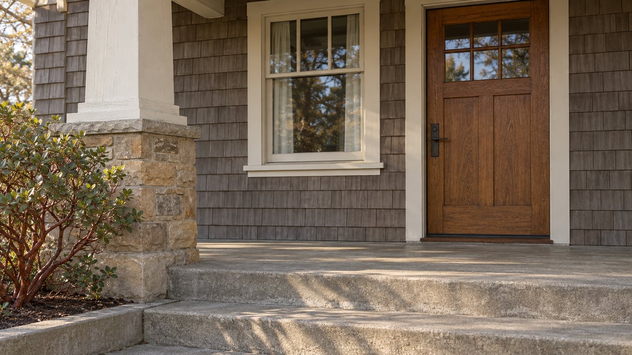 Afternoon light on a cedar-shingled home's oak front door, sandstone porch pier and concrete steps beside a red-barked manzanita.