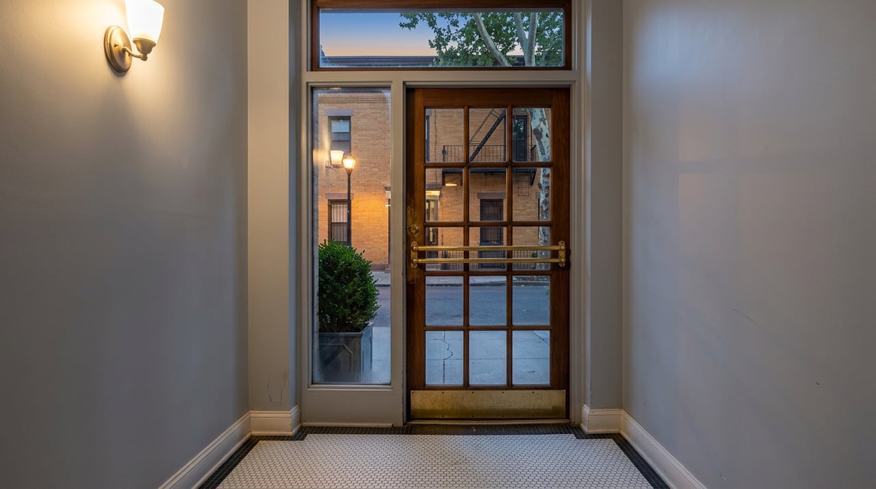 Paned walnut-framed vestibule door overlooks an ochre brick facade, fire escape, street tree, and glowing streetlamp at dusk.