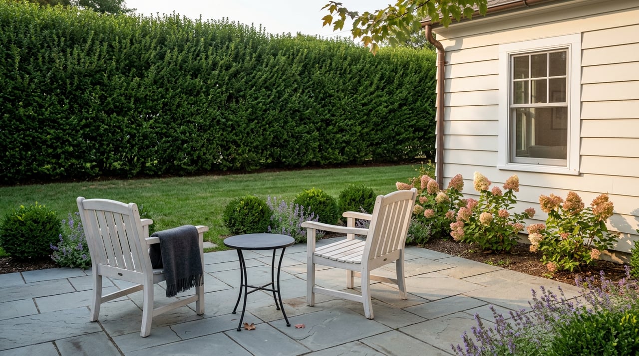 Bluestone terrace with two white armchairs, a black table, and a clipped hedge beyond the lawn.