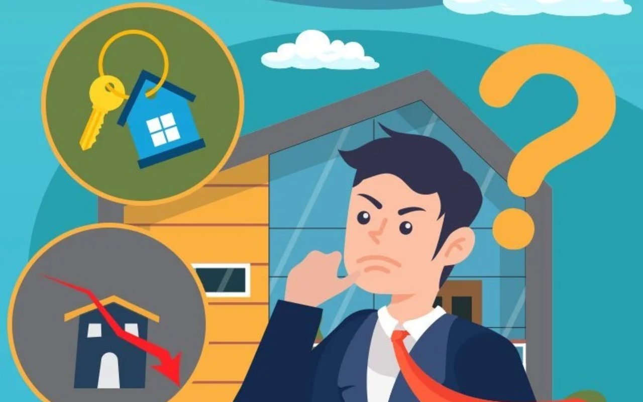 Illustration of a thoughtful man weighing a home purchase, with a key, question mark, and falling housing chart.